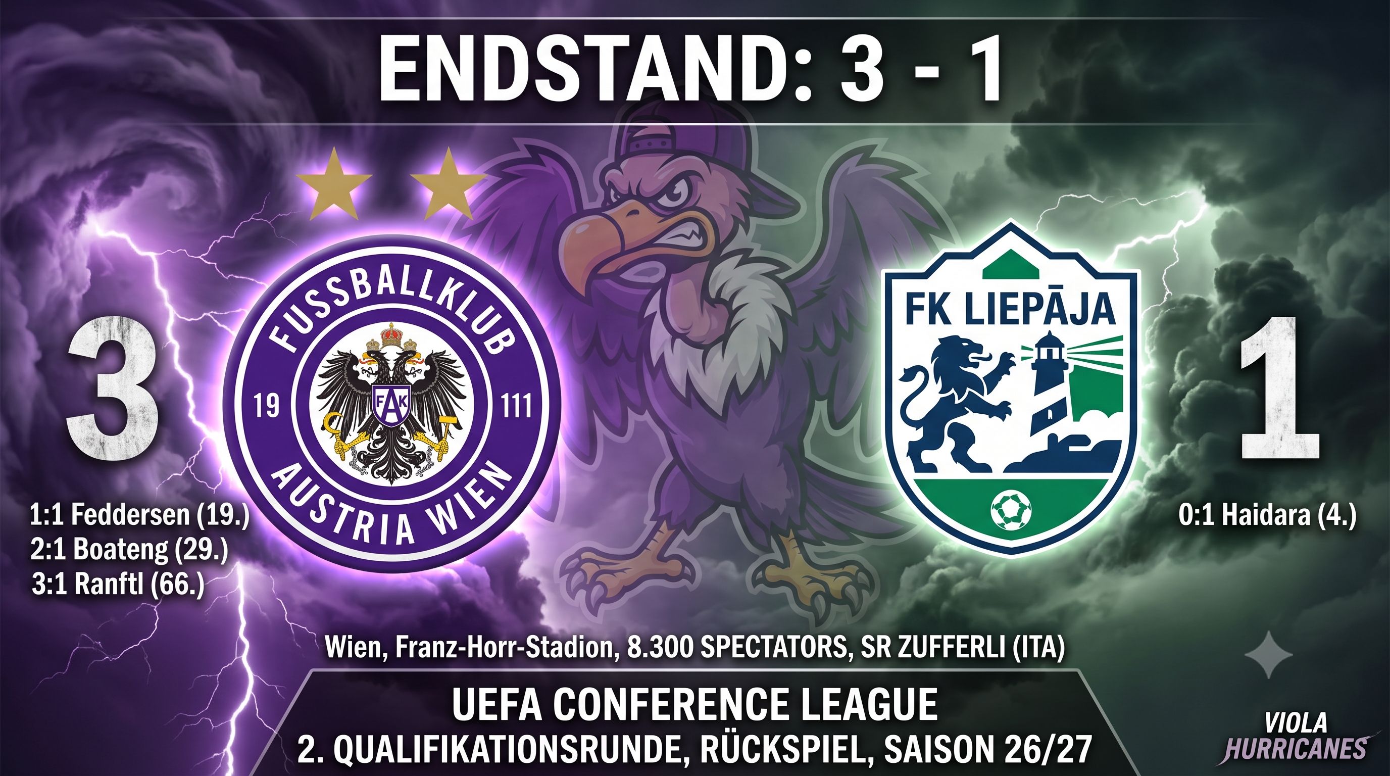 Conference League, Rückspiel zweite Qualifikationsrunde, Austria Wien – Liepaja 3:1 (2:1) , Saison 26/27